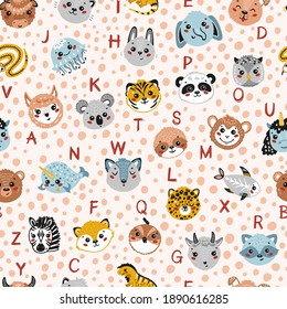 Cute Animal Alphabet Seamless Pattern. Cartoon Funny Baby Animals Faces and Doodle Latin Letters. Childish Vector ABC Background