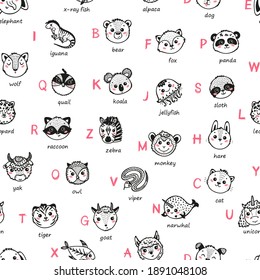 Cute Animal Alphabet Seamless Pattern. Cartoon Funny Baby Animals Faces And Doodle Latin Letters And Names. Childish Vector ABC Background