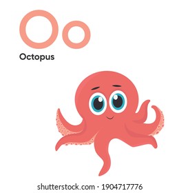 Cute Animal Alphabet Series A-Z. Vector ABC. Letter Oo. Octopus. Cartoon animals alphabet for kids. Isolated vector icons illustration. Education, baby showerchildren prints, decor, cards, books