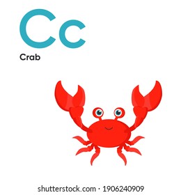 Cute Animal Alphabet Series A-Z. Vector ABC. Letter C. Crab. Cartoon ocean animals alphabet for kids. Isolated vector icons illustration. Education, baby shower children prints, decor, cards, books