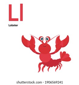 Cute Animal Alphabet Series A-Z. Vector ABC. Letter Ll. Lobster. Cartoon ocean animals alphabet for kids. Isolated vector icons illustration. Education, baby shower children prints, decor, cards, book