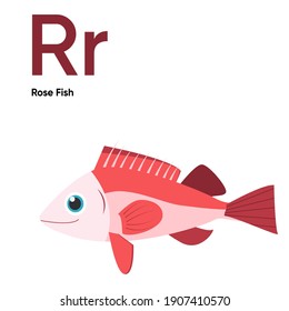 Cute Animal Alphabet Series A-Z. Vector ABC. Letter Rr. Rose Fish. Cartoon ocean animals alphabet for kids. Isolated vector icons illustration. Education, baby shower children prints, decor, cards, bo