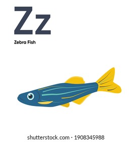 Cute Animal Alphabet Series A-Z. Vector ABC. Letter Zz. Zebra Fish. Cartoon ocean animals alphabet for kids. Isolated vector icons illustration. Education, baby shower children prints, decor, cards