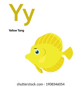 Cute Animal Alphabet Series A-Z. Vector ABC. Letter Yy. Yellow Tang. Cartoon ocean animals alphabet for kids. Isolated vector icons illustration. Education, baby shower children prints, decor, cards, 