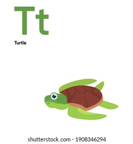 Cute Animal Alphabet Series A-Z. Vector ABC. Letter Tt. Turtle. Cartoon ocean animals alphabet for kids. Isolated vector icons illustration. Education, baby shower children prints, decor, cards, books