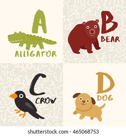 Cute Animal Alphabet Set : Letter A,B,C,D : Vector Illustration