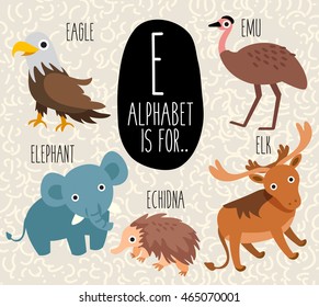 Cute Animal Alphabet Set : Letter E : Vector Illustration