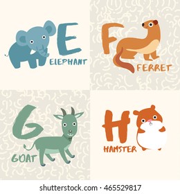 Cute Animal Alphabet Set : Letter E,F,G,H : Vector Illustration