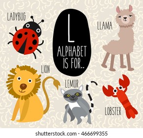 Cute Animal Alphabet Set : Letter L : Vector Illustration