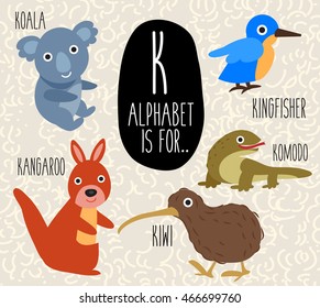 Cute Animal Alphabet Set : Letter K : Vector Illustration