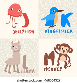 Cute Animal Alphabet Set : Letter J,K,L,M : Vector Illustration