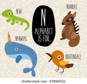 Cute Animal Alphabet Set : Letter N : Vector Illustration