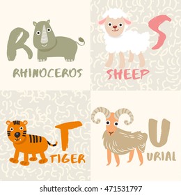 Cute Animal Alphabet Set : Letter R,S,T,U : Vector Illustration