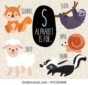 Cute Animal Alphabet Set : Letter S : Vector Illustration