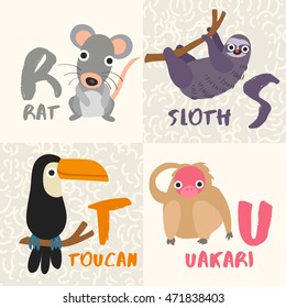 Cute Animal Alphabet Set : Letter R,S,T,U : Vector Illustration