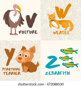 Cute Animal Alphabet Set : V,W,Y,Z : Vector Illustration