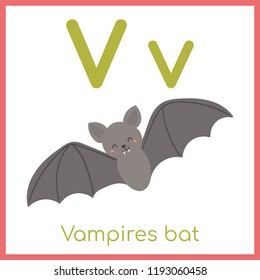 Cute animal alphabet. V letter. Cute vampire bat.