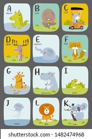 Cute Animal alphabet Vector illustration. Alphabet printable flashcards vector collection with letter a to k.