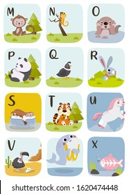 Cute Animal alphabet Vector illustration. Alphabet printable flashcards vector collection with letter m to x.