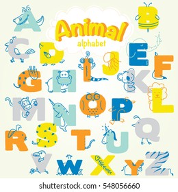 Cute Animal Alphabet. A To Z. Vector Illustration. 