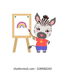 Cute Animal Artist With Paintbrush And Easel. Art Studies School Subject Symbol Cute Student Cartoon Zebra. Little Animal Holding Brush Standing By The Easel And Smiling. Art Class Sign.