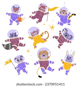 Cute Animal Astronaut Characters in Space Suit Vector Set