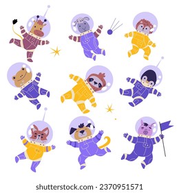 Cute Animal Astronaut Characters in Space Suit Vector Set