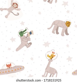 Cute animal astronauts vector seamless pattern. Cheetah, giraffe, alien fox in UFO kidnapping monkey spaceman, crocodile with Earth flag. Flat hand drawn illustration on isolated background.