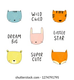 Cute Animal attractive face vector print. Hand drawn print for baby shower. Cute print for baby. Vector print with cute bunny, tiger, fox, bear, cat