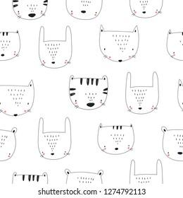 Cute Animal attractive face vector print. Hand drawn print for baby shower. Cute print for baby. Vector print with cute bunny, tiger, fox, bear, cat. seamless pattern