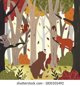 Cute animal in autumn forest,illustration doodle comic art for any card.