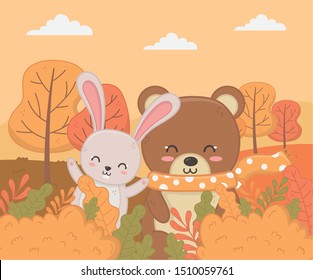 cute animal autumn season a flat design