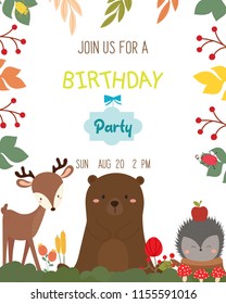 Cute animal autumn theme birthday party invitation card vector.