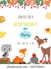 Cute animal autumn theme birthday party invitation card vector.