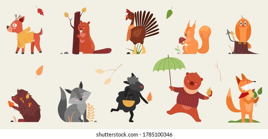 Cute animal in autumn vector illustration set. Cartoon hand drawn autumnal forest collection with funny animals holding symbols of fall season, deer beaver rooster hedgehog squirrel owl fox sheep bear