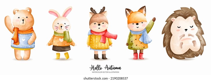 Cute Animal autumn watercolor, Thanksgiving Vector illustration, Bear, Bunny, Deer, Fox, Porcupine
