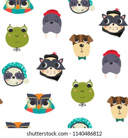 Cute animal avatars. Colored vector seamless pattern