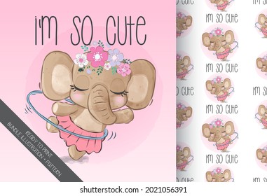 Cute animal baby beauty elephant with flowers seamless pattern 