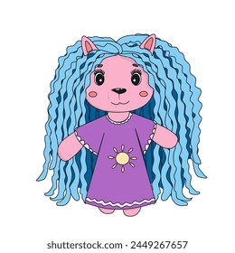 Cute animal baby with blue hair and sun on pajamas. Vector illustration of a small animal in pajamas with long blue floor-length wobos.