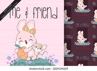 Cute animal baby bunny  mouse with carrot seamless pattern: can be used for cards, invitations, baby shower, posters; with white isolated background
