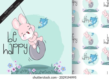 Cute animal baby bunny on the swing seamless pattern: can be used for cards, invitations, baby shower, posters; with white isolated background
