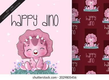 Cute Animal Baby Dino Happy Alone Seamless Pattern: Can Be Used For Cards, Invitations, Baby Shower, Posters; With White Isolated Background
