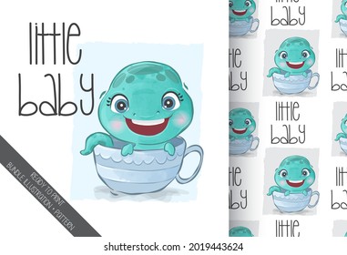 Cute animal baby dino illustration with seamless pattern