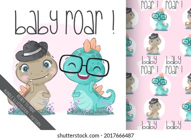 Cute animal baby dino with seamless pattern