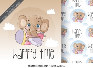Cute animal baby elephant happy flying with airplane  seamless pattern: can be used for cards, invitations, baby shower, posters; with white isolated background
 