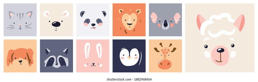 Cute animal baby face posters set vector illustration. Hand drawn nursery character card collection for graphic, print, card or poster. Trendy scandinavian funny kid design. - Shutterstock ID 1882968454