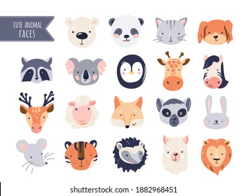 Cute animal baby faces set vector illustration. Hand drawn nursery characters collection for graphic, print, card or poster. Creative scandinavian funny kid design.