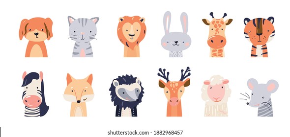 Cute animal baby faces set vector illustration. Hand drawn nursery characters collection with cat, dog, lion, tiger, giraffe, fox, deer, hedgehog, sheep, mouse, rabbit. Scandinavian funny kid design.