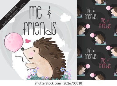 Cute animal baby hedgehog with balloon seamless pattern: can be used for cards, invitations, baby shower, posters; with white isolated background
 