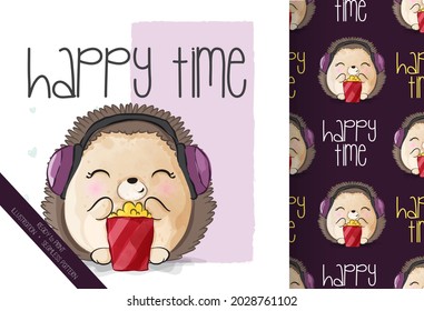 Cute animal baby hedgehog listening music seamless pattern: can be used for cards, invitations, baby shower, posters; with white isolated background
